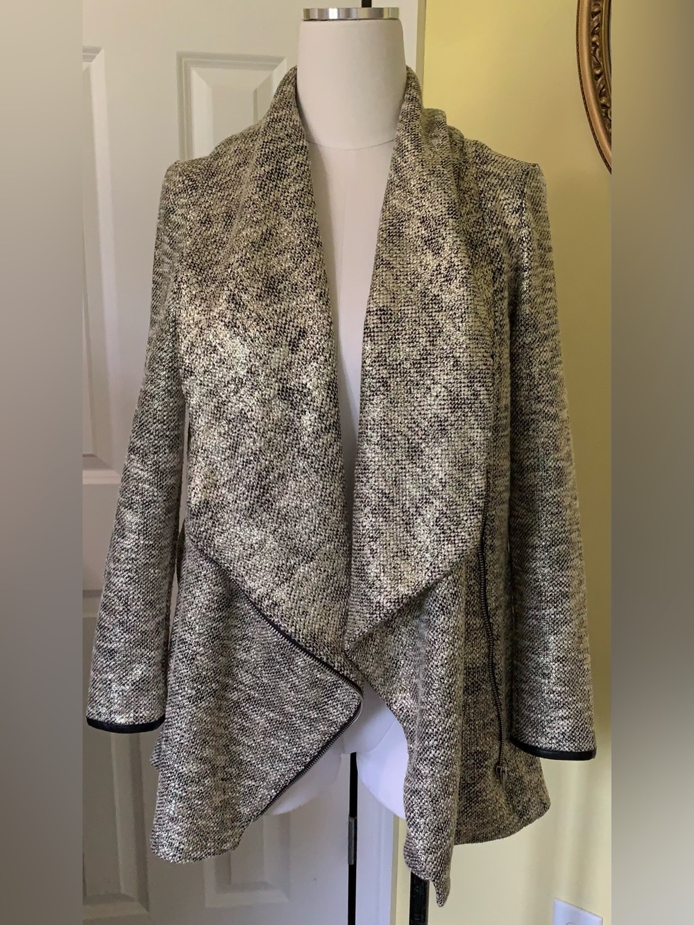 Open Front Draped Knit Zip Metallic Gold Grey Black Cardigan Jacket